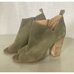 Lucky Brand Shoes Lotisha Booties Womens 8.5 Green Peep Toe Block Heel Leather
